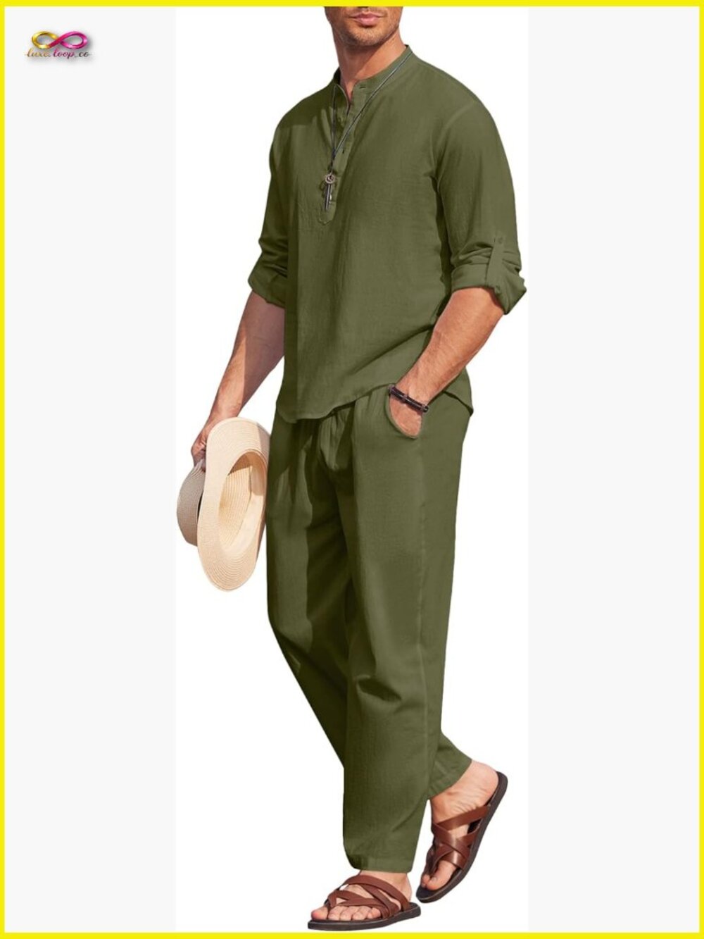 Men's 2 Piece Cotton Linen Set Long Sleeve Henley Shirt & Pants Summer Outfit